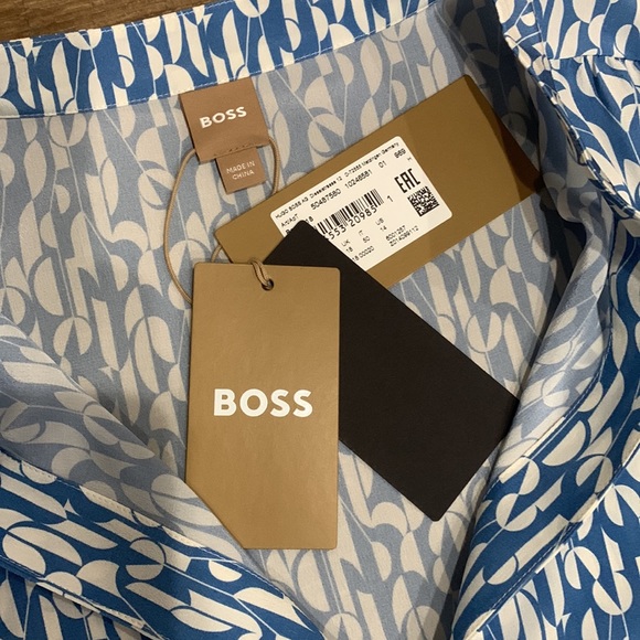NWT!! HUGO BOSS Regular-Fit Blue + Cream Print Silk Crepe du Chine: SZ 14 - $348 - Picture 10 of 16